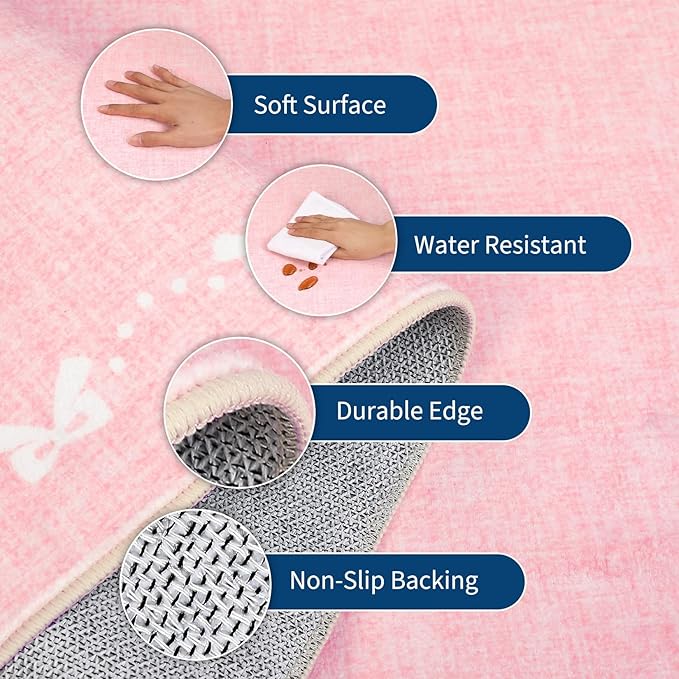 GarveeHome Bow Washable 8x10 Area Rugs for Living Room Non Slip Soft Solid Pink Bedroom Rugs Low Pile Foldable Large Area Rug Stain Resistant Carpet for Nursery Dining Room Playroom, Pink