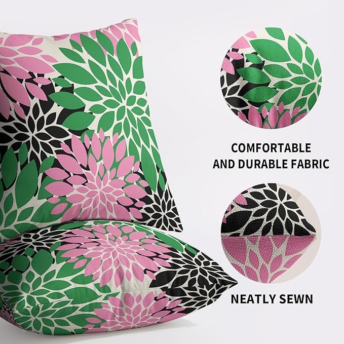 Pink Green Black Pillow Covers 20X20 Inch Set of 2, Spring Modern Geometry Dahlia Floral Print Decorative Throw Pillow Covers Outdoor Farmhouse Cushion Case for Couch Sofa Bed Decor
