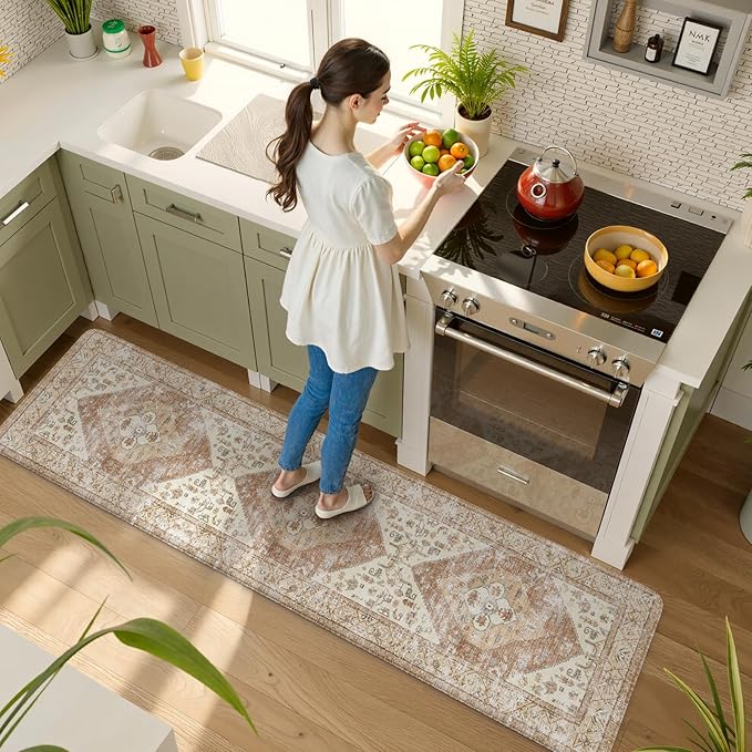 KIMODE Anti Fatigue Kitchen Mats Cushioned, Boho Oriental Kitchen Runner Rug 20"x71", Non Slip Waterproof Kitchen Mat for Floor, Comfort Foam Standing Desk Mat for Laundry Office Sink Khaki