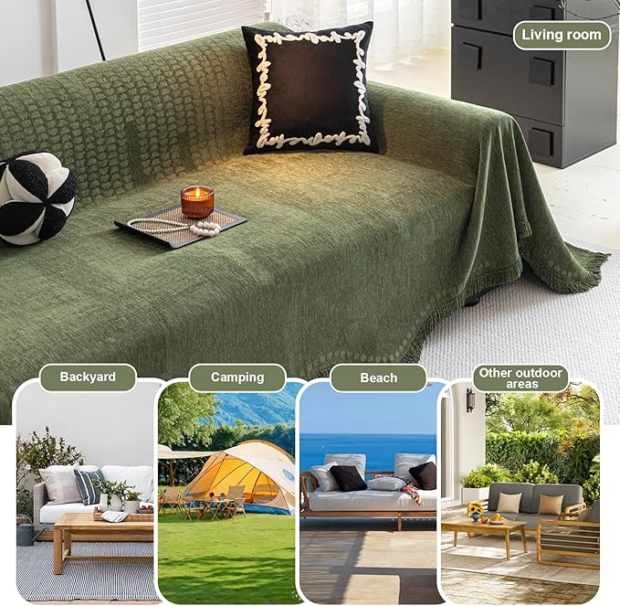 ROOMLIFE Green Couch Cover Sofa Covers, Chenille Couches Covers for 3 Cushion Sofas, Non Slip Soft Breathable Sofa Slipcovers for Pet, Washable Furniture Protector with Tassel,71''X134”