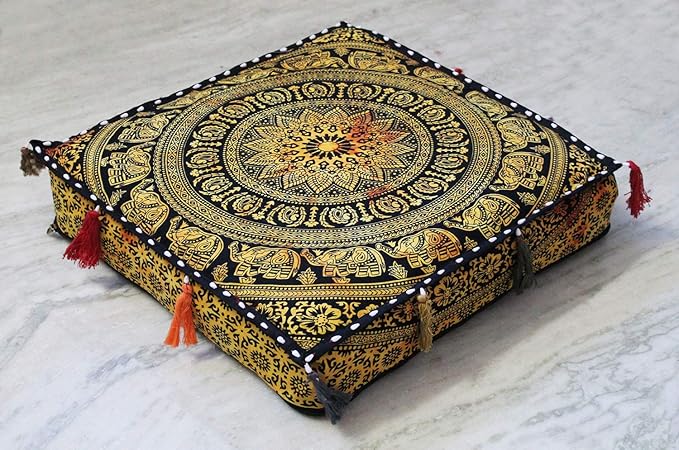 ICC Large Square Cotton Mandala Cushion Cover Hippie Ottoman Pouf Cover Daybed Floor Pillow Cover with Heavy Duty Zipper Seating Ottoman Poufs Dog-Pets Bed (Yellow 4 flower, 18" Square)