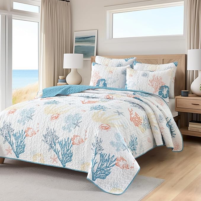 HORIMOTE HOME Coastal Quilt Bedding Set King Size, Reversible Summer Beach Quilt Lightweight Ocean Nautical Comforter Tropical Bedspread Coverlet with 2 Pillow Shams for All Seasons (106"x96")