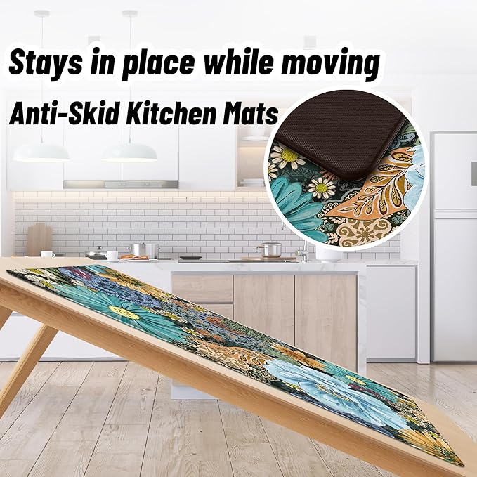 Boho Floral Kitchen Mats for Floor 2PCS Anti Fatigue Mats for Kitchen Floor Cushioned Non Slip Waterproof Memory Foam PVC Kitchen Rugs Set for Sink,Office,Laundry 17.3"x28"+17.3"x47"