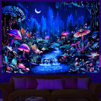 Heopapin Blacklight Tapestry UV Reactive Mushroom Flower Tapestries Fantasy Moonlight Mountain Forest Landscape Tapestry Mysterious Jungle Neon Plants Wall Hanging for Room L78×W59