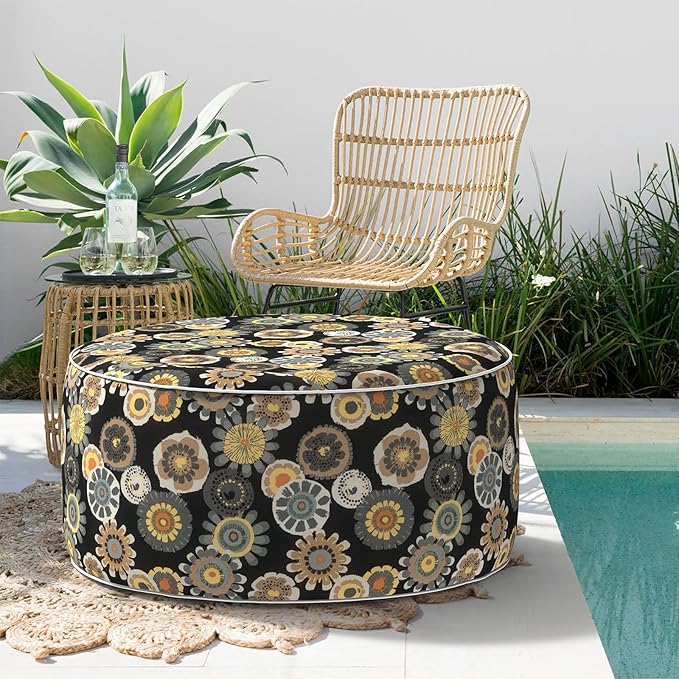 Indoor/Outdoor Inflatable Ottoman, All Weather Ottoman Pouf D31 x H14 inch, Round Foot Rest Ottomans, Portable Footstool for Patio, Garden, Porch, Home,Black Yellow Crosby