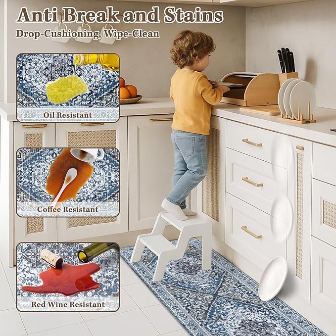 Arttown Kitchen Mats for Floor 2Pcs-Anti Fatigue Non Slip Mats for Kitchen Floor, Cushioned Waterproof & Stain-Resistant Boho Mat Set, Laundry Room, Office, Sink, Desk (Blue)