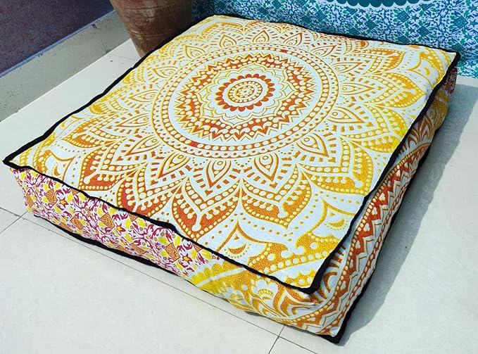 INDIAN CRAFT CASTLE 24" Yellow Ombre Mandala Barmeri Large Floor Pillow Cover Cushion Meditation Seating Ottoman Throw Cover Hippie Decorative Zipped Bohemian Pouf Ottoman Pom Pom Cases 24" Square