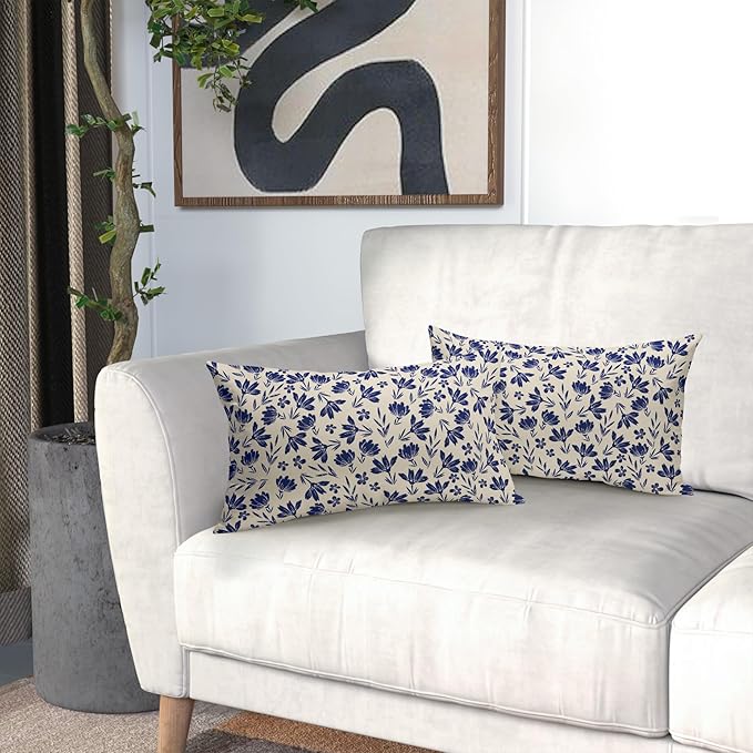 Navy Blue Floral Pillow Covers 12x20 Set of 2 Vintage Rustic Old Style Cute Small Flower Blue Cream Print Decorative Outdoor Pillowcases Farmhouse Throw Cushion Case Decor for Couch Sofa Bed