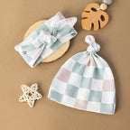 BabyWhale Muslin Swaddle Blanket with Hat and Headband Bow, Checkered Print Swaddle Set for Baby Boys ＆ Girls, Unisex Soft Receiving Blanket Wrap, Green Grey Checkered, 47x47 inches