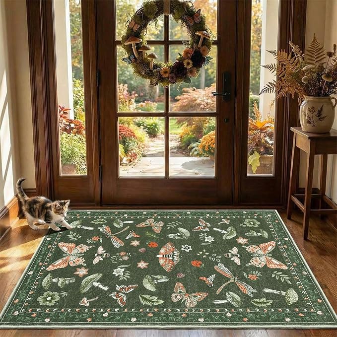 Mushroom 2x6 Runner Rug for Hallway Washable Kitchen Rugs Non Slip Low-Pile Whimsical Cottage Core Insect Bug Butterfly Funky Decor for Entryway Bathroom Bedroom Olive Green