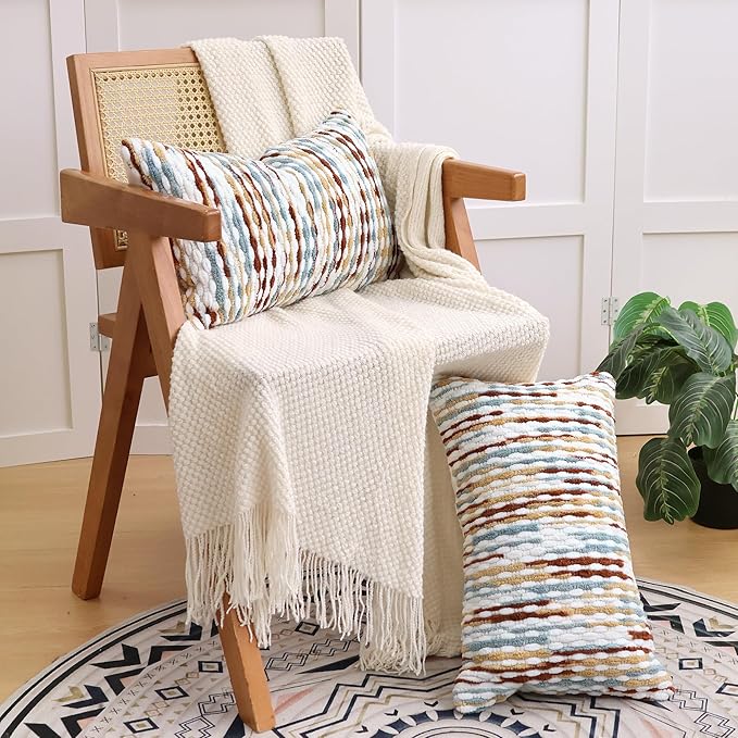 Boho Decorative Throw Pillow Covers 12x20 Inch, Chenille Tufted Pillow Cover Stripe Textured Lumbar Farmhouse Accent Pillowcase for Couch Sofa Bedroom Living Room, Red White Khaki Grey 2 Pack