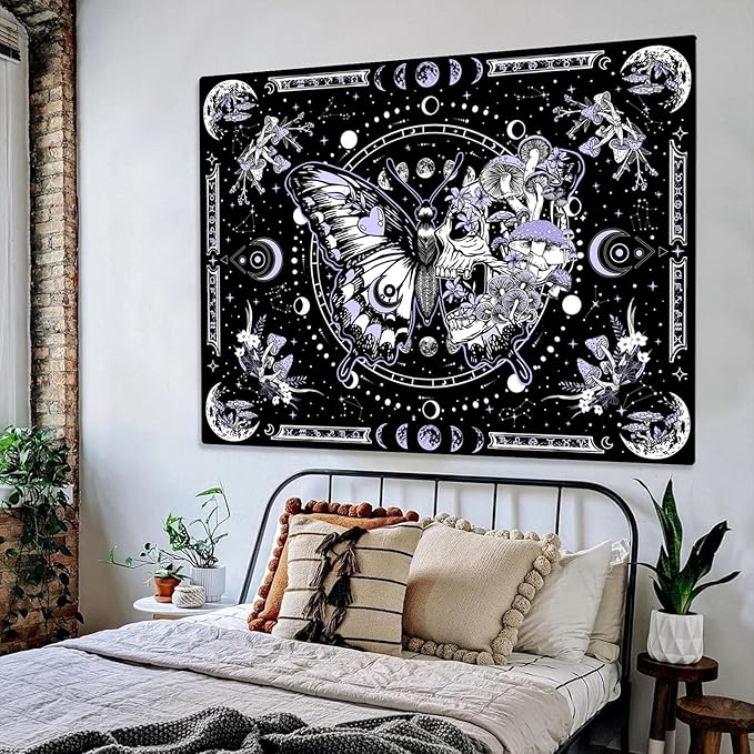 Fungarth Skeleton Butterfly Tapestry Purple Skull Hippie Mushroom Plants Tapestry for Bedroom Moon phase Aesthetic Tapestries Wall Hanging for Living Room Dorm (44.00” x 60.00”, Purple)