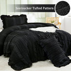 WONGS BEDDING Black Comforter Set King,3 Pieces Ruffle Farmhouse Shabby Chic Boho Comforter for King Bed,Soft Textured Bedding Set with 1 Ruffle Comforter,2 Tufted Pillowcases 104"×90"
