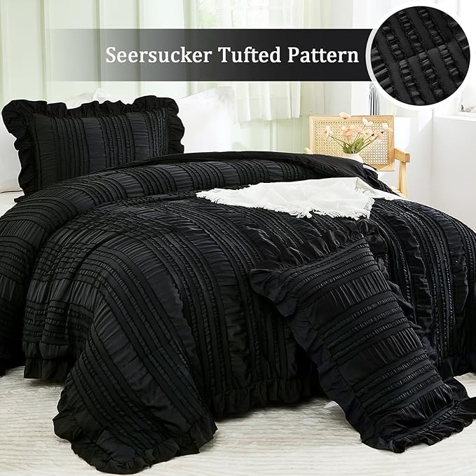 WONGS BEDDING Black Comforter Set King,3 Pieces Ruffle Farmhouse Shabby Chic Boho Comforter for King Bed,Soft Textured Bedding Set with 1 Ruffle Comforter,2 Tufted Pillowcases 104"×90"