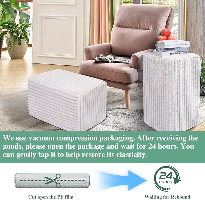 Rectangular Pouf Ottoman, Stuffed Floor Pouf with Foam Chunk Filling, Soft Coral Fleece Furry Foot Rest Stool, Multi-Use Ottoman for Living Room, Wide Stripe Boho Decor, White