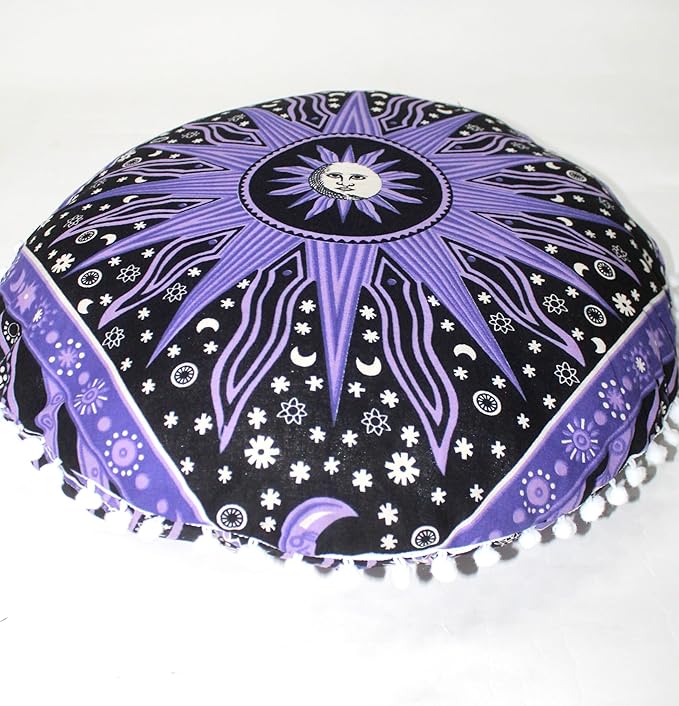 CRAFT KALA 22" Bohemian Floor Pillow Pouf Cover Mandala Boho Large Round Meditation Room Pillow Covers for Adults Seating Poufs Cushion Cover for Kids Playroom Purple Burning Sun