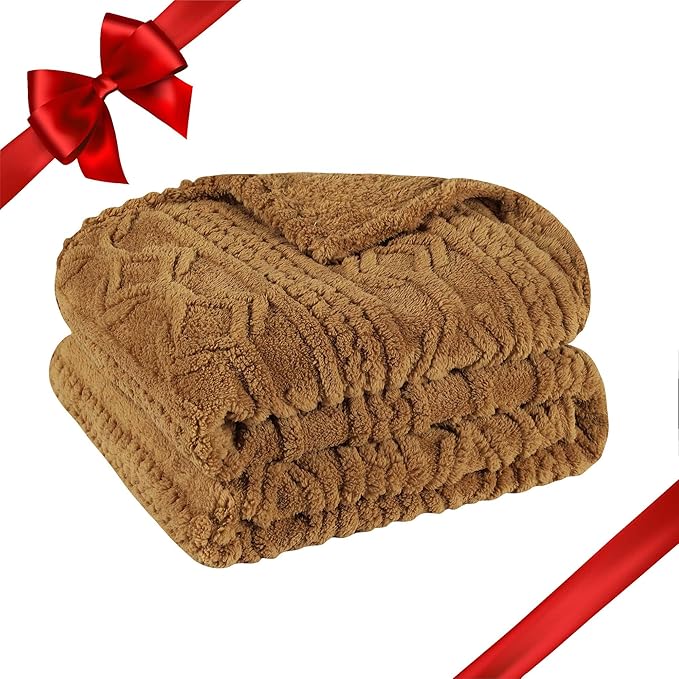 Superior Fleece Boho Jacquard Blanket, Decorative Blankets for Bedroom, Sofa, Fuzzy, Plush, Fluffy, Soft, Cute Room Decor, Beautiful Cover, Comfort Essentials, Arctic Collection, Throw, Camel