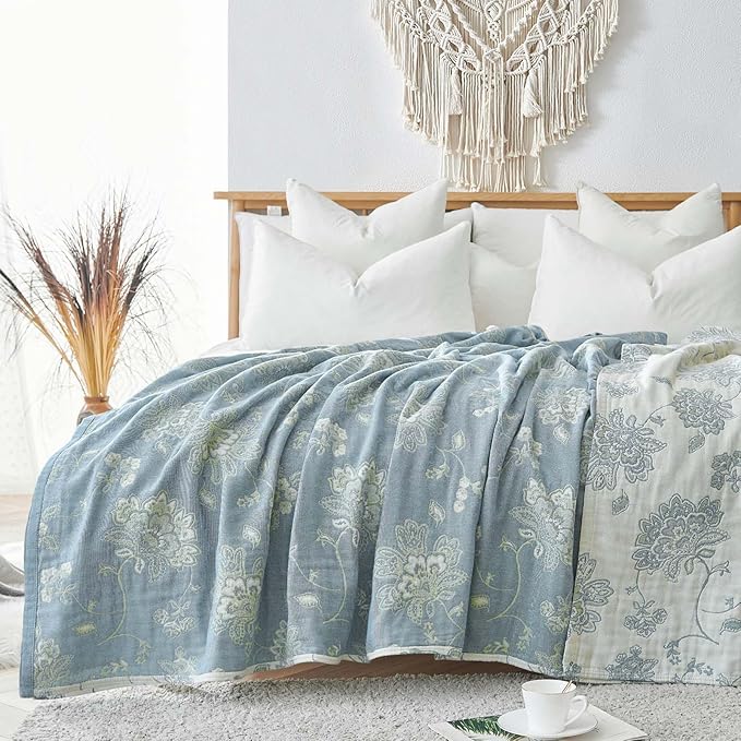 jinchan Boho 100% Cotton Muslin Twin Size 50x60 Inches Blanket Lightweight 4-Layer Quilted Soft Blue and White Floral Throw Blanket Green Accents Reversible Comfy Flower Breathable Summer Couch