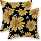 Summer Pillow Covers 18x18 Inch Set of 2 Black Background Yellow Sunflowers Bee Pillow Covers Spring Outdoor Pillow Cases Linen Farmhouse Seasonal Cushion Covers Decor for Living Room Bedroom