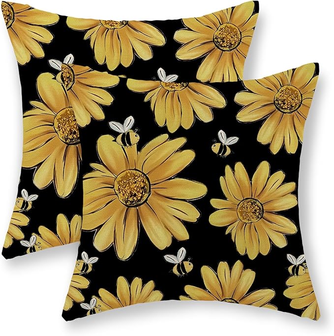 Summer Pillow Covers 18x18 Inch Set of 2 Black Background Yellow Sunflowers Bee Pillow Covers Spring Outdoor Pillow Cases Linen Farmhouse Seasonal Cushion Covers Decor for Living Room Bedroom
