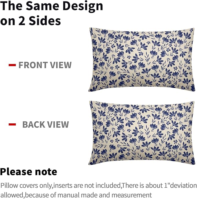 Navy Blue Floral Pillow Covers 12x20 Set of 2 Vintage Rustic Old Style Cute Small Flower Blue Cream Print Decorative Outdoor Pillowcases Farmhouse Throw Cushion Case Decor for Couch Sofa Bed