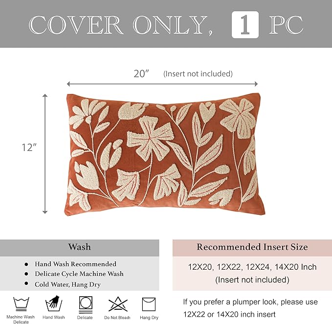 BlissBlush 12x20 Lumbar Pillow Cover, Brick Red Rectangular Decorative Throw Pillowcase for Couch Sofa, Floral Tufted Embroidered Velvet Farmhouse Accent Cushion (Cover Only)
