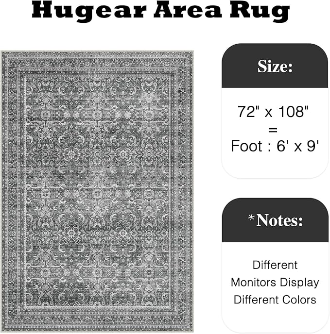 HUGEAR Area Rug 6x9 Vintage Grey Machine Washable Living Room Rugs Distressed Retro Floral Vacuumable Low Pile Carpet Bedroom Office Dining Room Laundry Room Non Slip Soft Lightweight