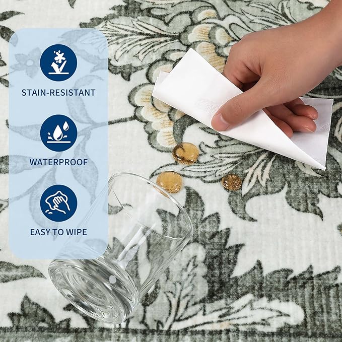 GarveeHome Provence 6x9 Area Rugs, Botanical Grove Soft Cottagecore Non-Slip Washable Rug for Bedroom Living Room Nursery Kitchen Low-Pile Retro Carpet Gray Fog Green