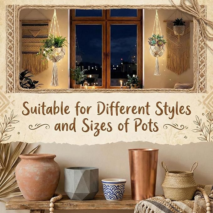 3 Sets Patterned Woven Plant Hanging Baskets with Lights and Hooks, Macrame Plant Hanger, Hanging Planters for Indoor and Outdoor Plants, 3 Sizes of Boho Hangers for Planter Baskets