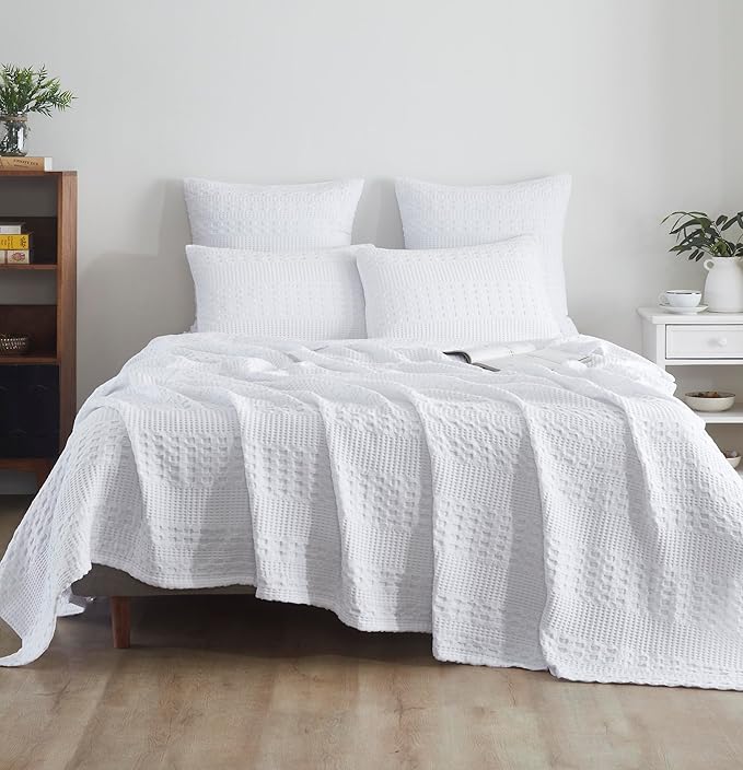 VHC Brands 100% Cotton Waffle Weave Twin Blanket 66"x90", Decorative Lightweight Spring and Summer Throw Blanket, Bedroom Decor for Bed, Couch, or Sofa, White