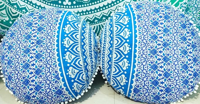 CRAFT KALA Mandala Floor Pillow Cushion Cover Seating Throw Cover Hippie Decorative Bohemian Ottoman Poufs Pom Pom Pillow Cases Boho Indian Cotton Living Room Home Décor 24" Round Set Of 2, Blue Ombre