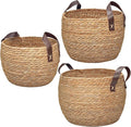 GIB Round Wicker Woven Seagrass Storage Baskets with Leather Handles Set of 3, Natural Decorative Braided Rope Wicker Baskets Bins for Shelves Blankets Organizing, 13", 12" & 11"