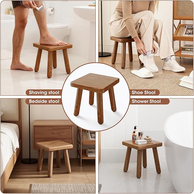 9 Inch Small Wooden Step Stool, multi-functional footstool, shoe changing stool, indoor plant stand, portable and sturdy, suitable for living room, kitchen, bedroom, bathroom (Walnut wood color)