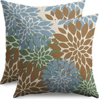 Brown Blue Green Pillow Covers 18X18 Inch Set of 2, Spring Summer Floral Dahlia Flower Cream Decorative Throw Pillow Covers Outdoor Modern Farmhouse Cushion Case for Home Couch Sofa Bed Decor