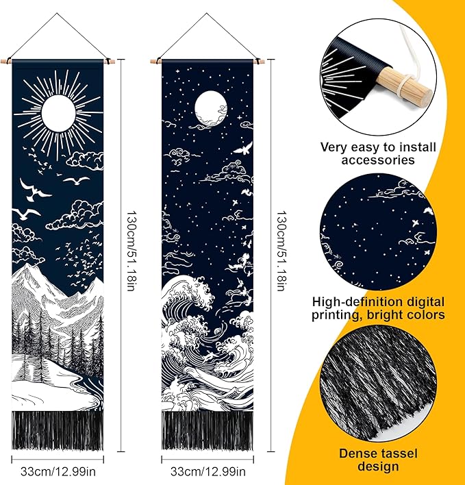 AOHMPT Pack of 2 Long Vertical Tapestry,Nature Landscape Tapestry with Serene Mountain River, Moon & Sun Motifs,Traditional Ink Painting Wall Art,Zen Aesthetic Wall Hanging for Living Room Bedroom Decor 13" W x 51" H"