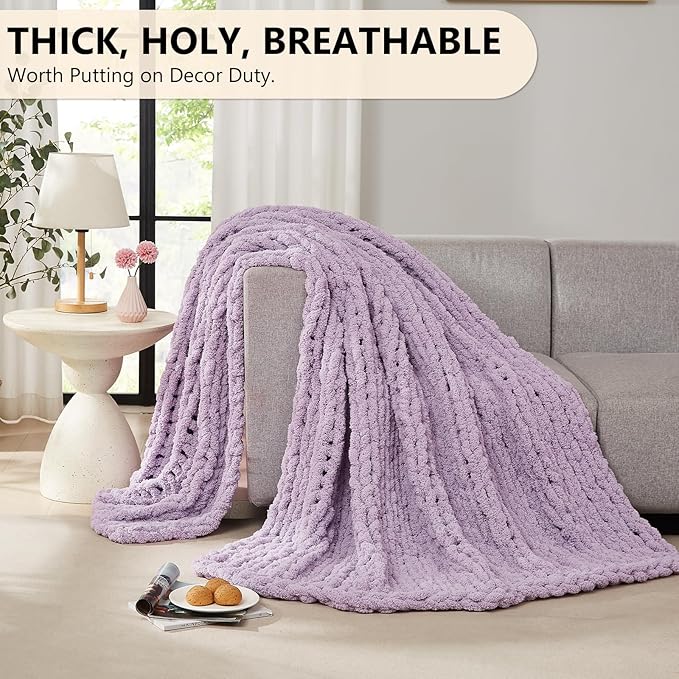 L'AGRATY Chunky Knit Blanket Throw: 80''x90'' Chenille Chunky Knitted Throw Blanket for Bed Couch - Handmade Thick Big Cable Knit Blanket - Large Chunky Crochet Rope Blanket for Home Decor(Purple)