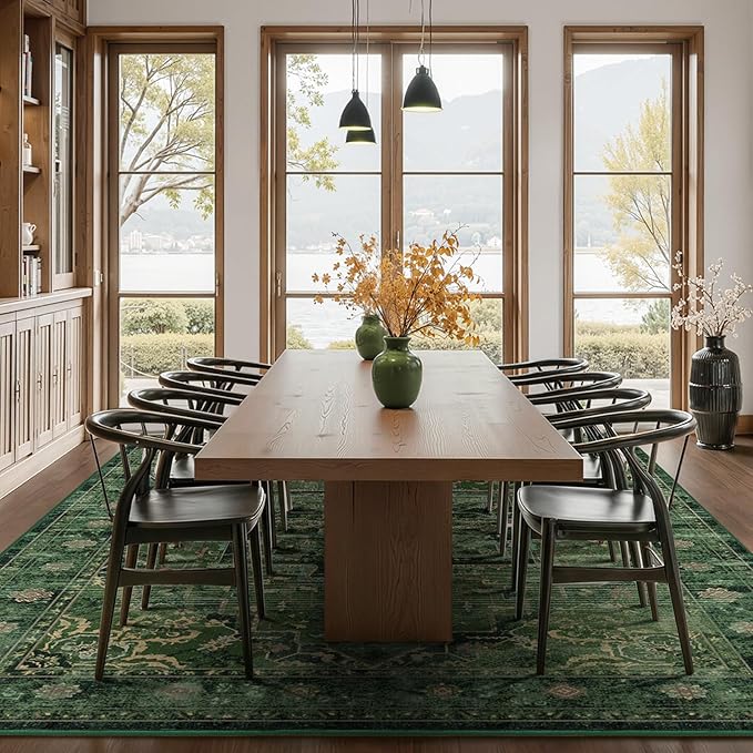Extra Large Area Rugs 10x14 for Living Room, Dark Green Farmhouse Distressed Printed Carpet Rugs for Bedroom Low Pile Thin, Non Slip Washable Neutral Boho Rug for Dining Room