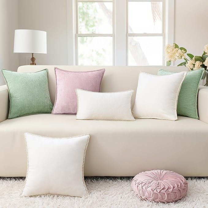 decorUhome Summer Chenille Soft Cozy Throw Pillow Covers 18x18 Set of 2, Modern Farmhouse Boho Velvet Decorative Pillow Cases with Stitched Edge for Couch Sofa Bed Home Decor, Sage Green
