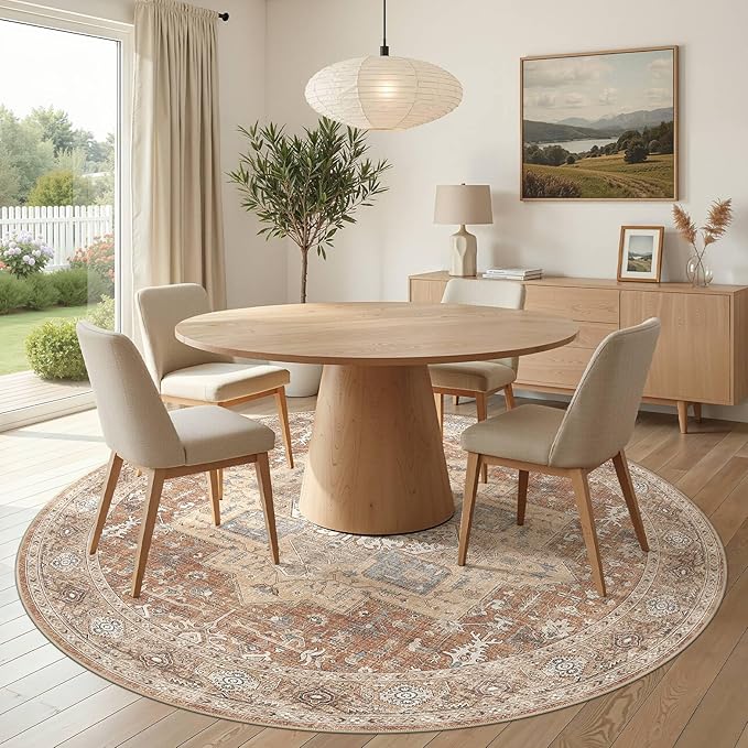Round Washable Area Rug 8ft, Boho Vintage Distressed Oriental Medallion, Neutral Blue, Thin Carpet for Living Room Bedroom Home Office Decor