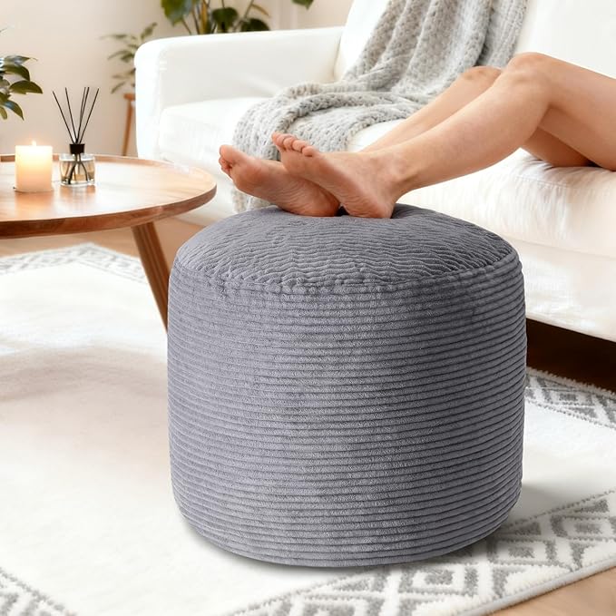 Pouf Ottoman Foot Rest, Comfortable & Soft, Round Footstool for Living Room, Bedroom, Office, Room Decoration, Corduroy Foot Stool Pouf with Odorless & Anti-Clump Filling, Large Dark Grey