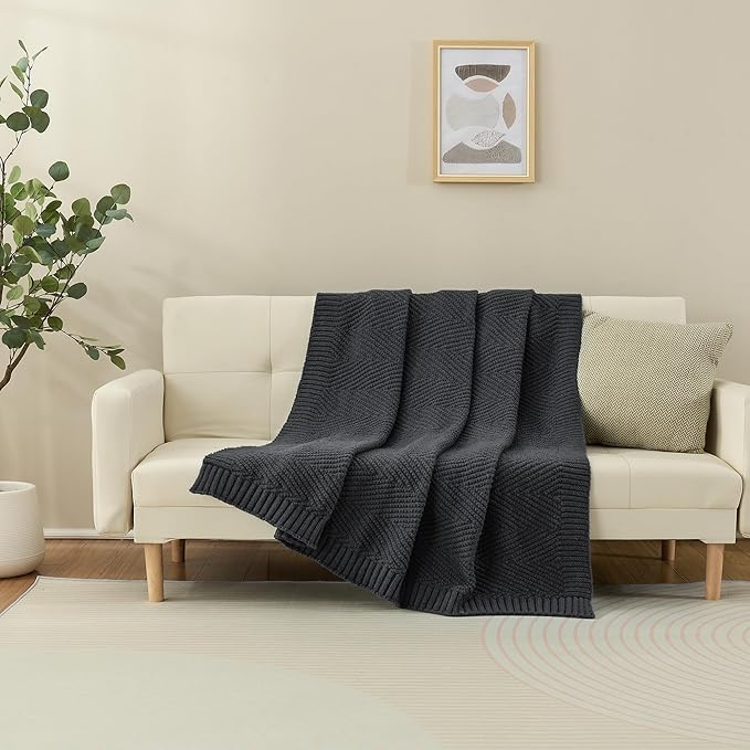 Knitted Throw Blanket 60"X80", Dark Grey Knit Throws for Bed, Super Soft Boho Chevron Blankets for Couch Sofa Chair Room Decor, Textured Decorative Farmhouse Cozy Lightweight