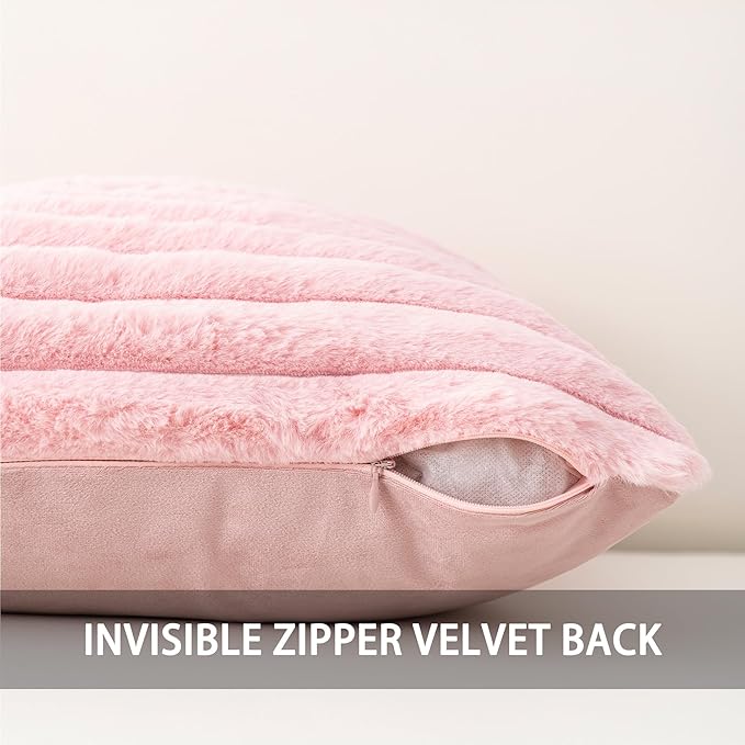 Pack of 2 Faux Fur Fall Throw Pillow Covers 22x22 Inch, Soft Plush Striped Neutral Couch Pillow Cover, with Velvet Back Modern Home Decor for Sofa Living Room Couch Bed Pink
