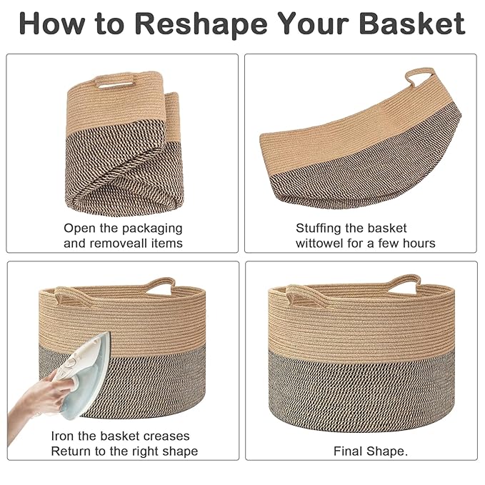 90L Large Blanket Basket,21.7"L x 21.7"W x 13.8"H Rope Woven Baskets with Handles, Toys Storage Bins,Laundry Basket Perfect for Living Room, Nursery,Bedroom,Home Organization,Black