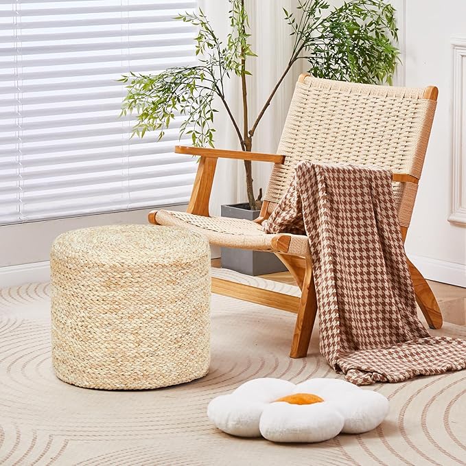 Wimarsbon 2Pcs Pouf Ottomans, Natural Seagrass Foot Stool, Hand Weaving Round Ottoman, Boho Decorative Seat, Jute Braided Pouffe Poof Accent Sitting Footrest for Living Room (18inch Corn Shell)