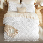 Bedsure Boho Comforter Set King - White Tufted King Size Comforter, 3 Pieces Farmhouse Shabby Chic Embroidery Bed Set, Soft Fluffy Geometric Pattern Bedding for All Seasons
