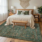 5x7 Area Rugs for Living Room Bedroom, Large Washable Rug, Green Vintage Floral Boho Rug, Non Slip & Low Pile Faux Wool Thin Carpet for Indoor Dining Room and Kids Room(Green 5x7ft)
