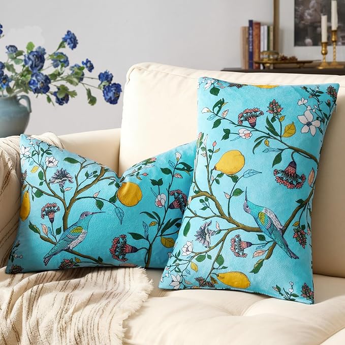 MUSSEL Light Blue Floral Pillow Covers 12x20 Set of 2, Velvet Wild Flower Plant Throw Pillows Case, Square Farmhouse Decor Cushion Covers for Home Sofa Bed Couch