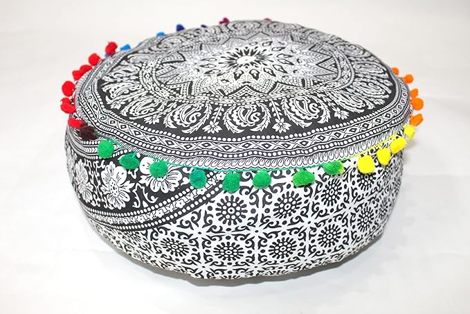 INDIAN CRAFT CASTLE ICC Black Elephant Mandala Barmeri Large Floor Pillow Cover Cushion Meditation Seating Ottoman Throw Cover Hippie Decorative Zipped Bohemian Pouf Ottoman Cases 16" Round