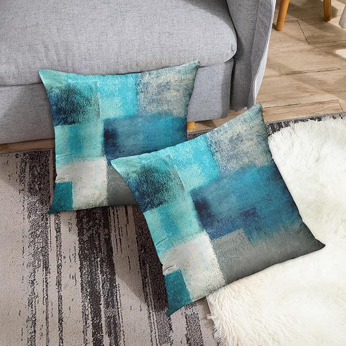 Emvency Set of 2 Turquoise White and Gray Throw Pillow Covers Modern Abstract Teal Painting Decorative Pillow Cases Home Decor Standard Square 26x26 Inches Pillowcases
