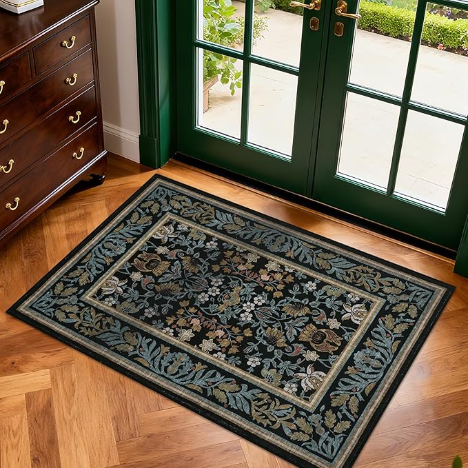 GarveeHome 2x3 Entryway Area Rug Boho Vintage Rugs Non Slip Front Door Rug, Washable Indoor Kitchen Rugs Soft Low-Pile Stain Resistance Small Door Mat for Bedroom Blue Black
